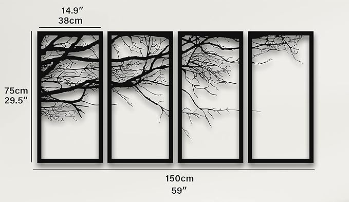 DEKADRON Metal Wall Art - Tree of Life 4 Panels, Tree Sign, Wall Decor for Interior Decoration & Housewarming Gifts (59" W x 30" H / 150x75 cm)
