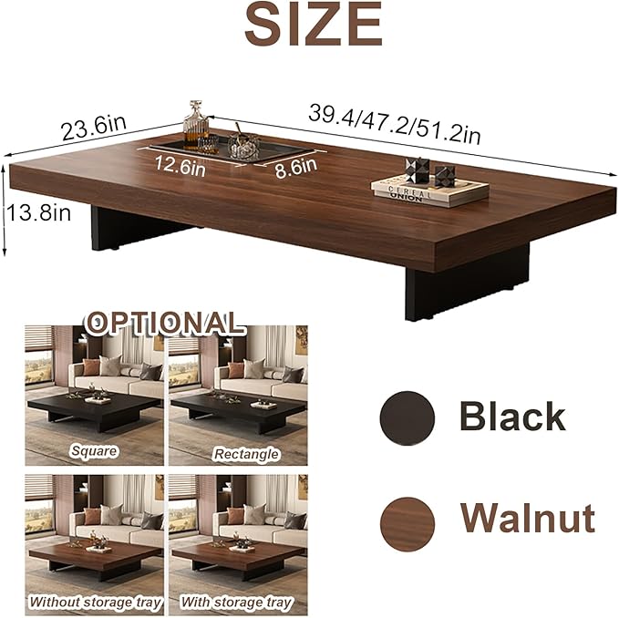 Modern Rectangular Coffee Table for Living Room, Low Profile Wood Center Table with 2" Thick Tabletop & Optional Storage Tray, Sturdy Minimalist Design (31.5"/39.4" Black/Walnut)