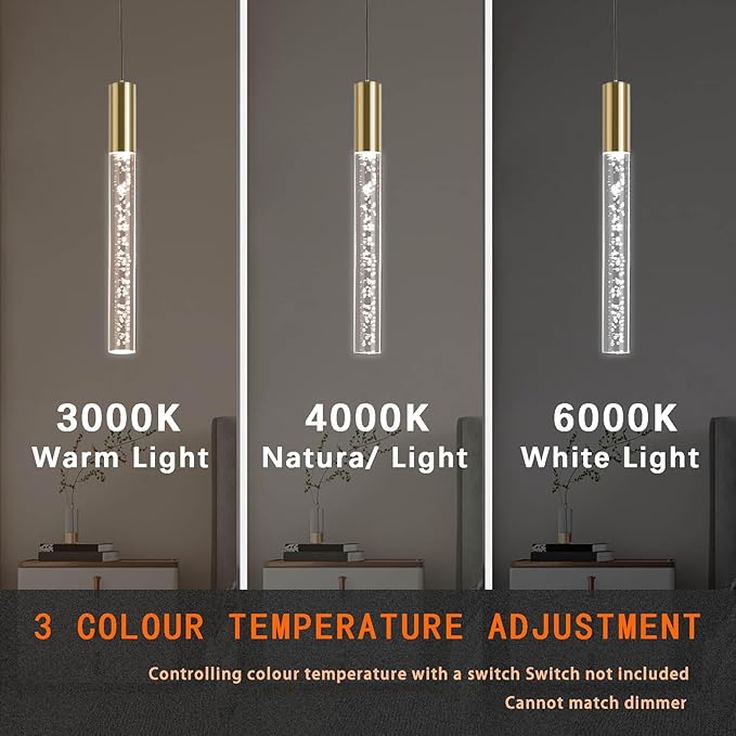 Modern Gold Pendant Light Fixture 3-Color for Kitchen Island, 1-Light LED Pendant Lighting Cord Adjustable Acrylic Ceiling Hanging Lights for Living Room Bedroom Dining Room (1 Pack)