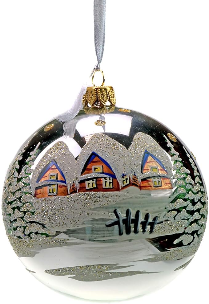 4" Christmas Tree Glass Ball Ornaments, Hand-Painted by Skilled Artisan, Set of 6 in a Wooden Box
