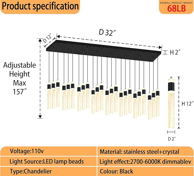 Glam Rectangular Crystal Column Chandelier for High Ceiling 24-Lights Black LED Dimmable Pendant Light for Kitchen Island Dining Room Entrance Foyer Living Room Adjustable Height
