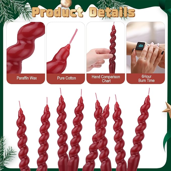 Zhengmy 4 Pcs Burgundy Red Spiral Taper Candle 7 Inch Twisted Long Wax Dinner Candlestick for Fall Halloween Christmas Holiday Valentines Wedding Birthday Baby Shower Table Decor(Solid)