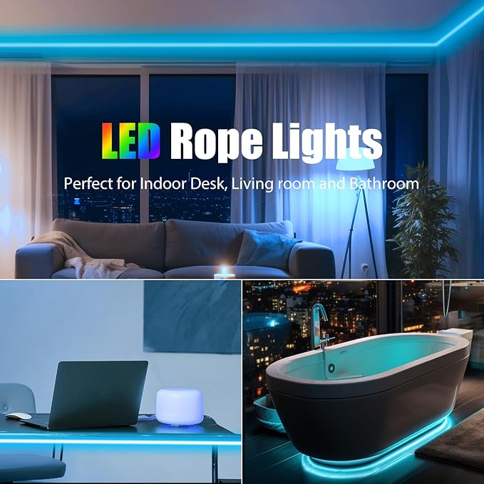 32.8ft RGB Neon Rope Light with Remote - Dimmable Waterproof LED Strip Lights for Indoor & Outdoor, Premium Expandable Lighting to Create Vibrant Atmosphere in Bedroom, KTV, Bar Decor - ETL Certified