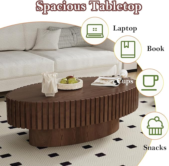 43.3in Fluted Side Tables Living Room Modern Chic Drum Coffee Table - Spacious Tabletop, for Small Space - Living Room Apartment Study,Walnut