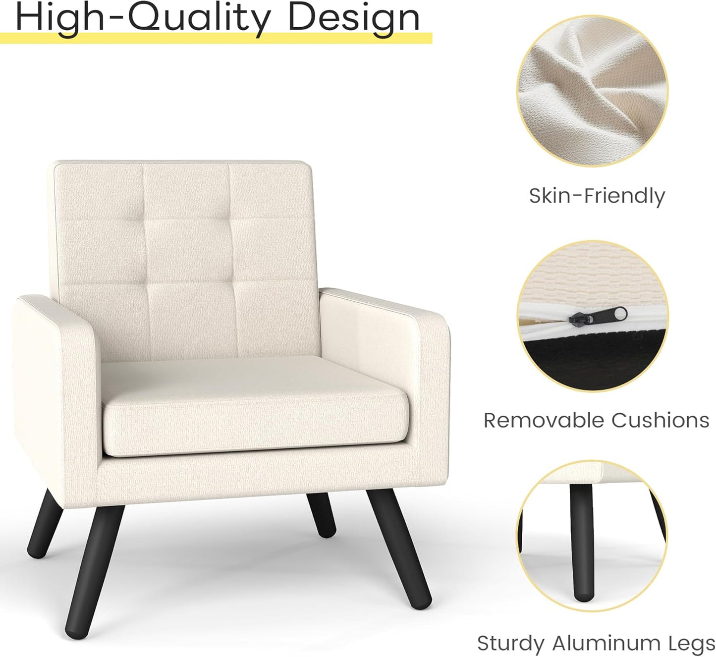 Kromax Mid-Century Modern Accent Chair for Living Room, 496 Lb. Weight Capacity, Dual Armrests, Comfy Extra Large Seat, Timeless Style Perfect for Reading & Relaxing, Beige