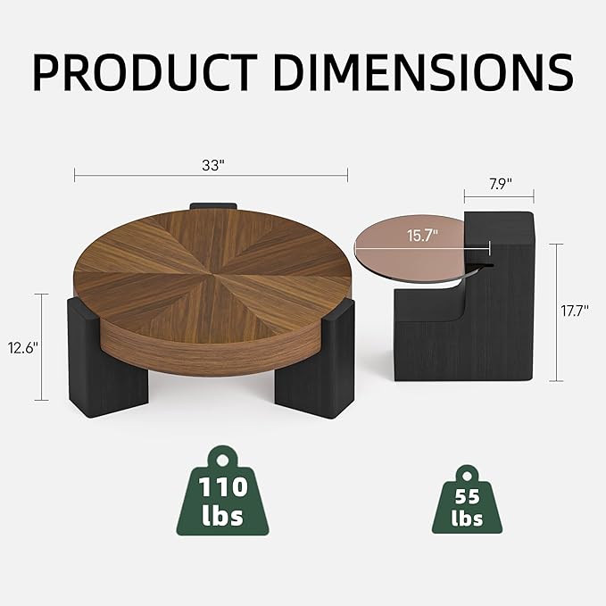 Round Wood Coffee Table Set of 2 Modern, Thickened Top & Leg Supports, Center Coffee Table and Glass Top End Table Sets for Living Room, Small Spaces, Home Office, Easy Assembly, Black & Walnut