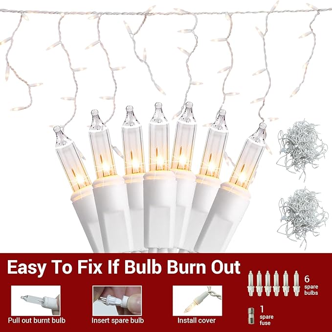 new one 2 Pack Icicle Christmas Lights for Outside Warm White 17.67FT 300 Incandescent Lights, Connectable String Lights with White Wire, 54 Drops