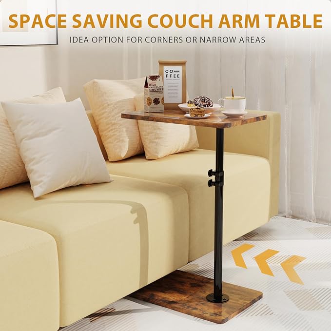 TV Tray Table, Adjustable C Shaped End Table for Couch, 360°Swivel Couch Side Table C Table That Slide Under Couch Desk for Small Space Sofa Bed Snack Living Room Bedroom(Rustic)