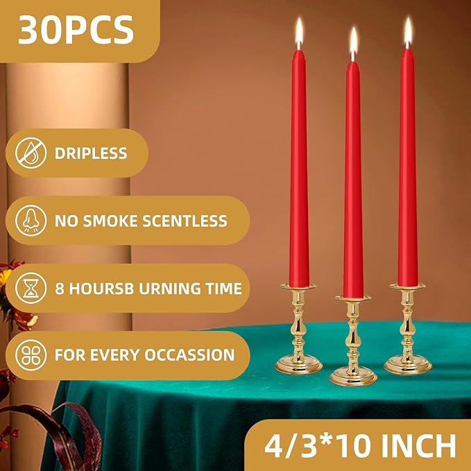 30 Pack Red Taper Candles - Taper Candles 10 Inch Dripless, Smokeless & Unscented - 8 Hours Long Burning - Hand Poured Tall Candlesticks - Ideal for Weddings, Dinner Parties, and Home Decor
