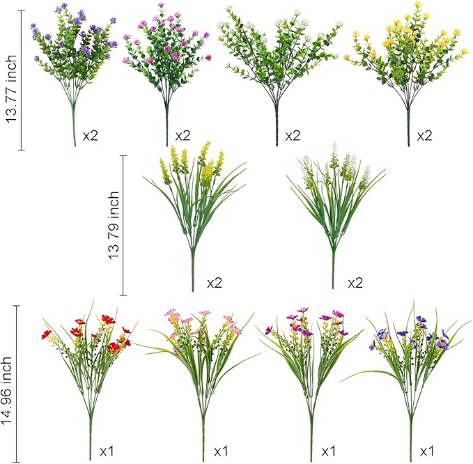 16 Bundles Artificial Flowers for Outdoor,No Fade UV Resistant Fake Flowers,Faux Plants for Outside Hanging Planters,Artificial Plants for Indoor Porch Garden Home Wedding Decor(Multi Color)
