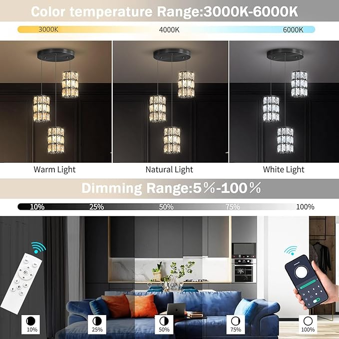 3-Lights Modern Crystal Pendant Lights for Kitchen Island LED Dimmable Glam Pendant Lighting Chandelier for Dining Room Hallway Corner Lamp Black