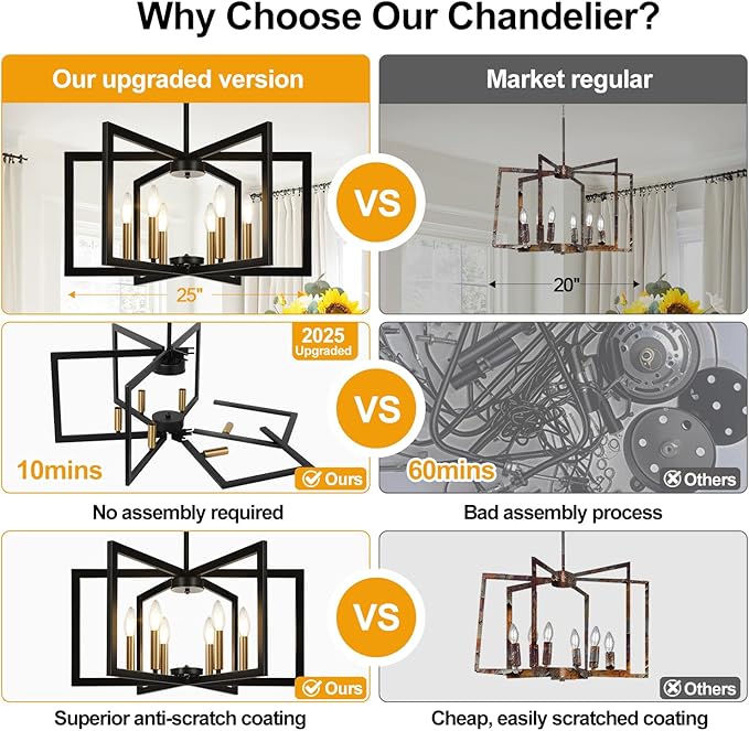 25" Modern Black and Gold No Assembly Required Chandelier for Dining Room, Black and Gold Dining Room Light Fixture Over Table, Industrial Metal Hanging Pendant Light for Kitchen Island, Entryway