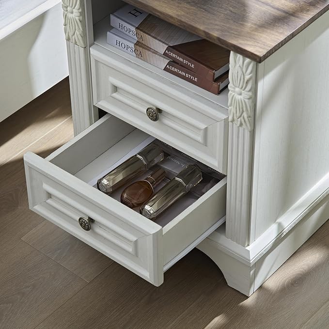 Farmhouse Nightstand wtih Charging Station, 20" End Table with 2 Drawers, Night Stand Side Table Storage Cabinet with Carved Pilasters for Bedroom, Wood Rustic, Antique White