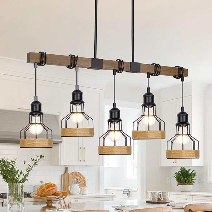 5-Light Dining Room Light Fixture, Rustic Solid Wood Over Table Chandelier, Black Metal Lampshade, Linear Island Light Fixture, 38 Inches x 5.5 Inches x 63 Inches