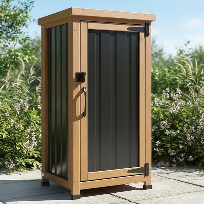Small Outdoor Storage Cabinet, Wood & Metal Storage Shed with Weatherproof Roof, Removable Shelf, Lockable Door, 2 Metal Hinges, Adjustable Feet, Outside Storage Cabinet
