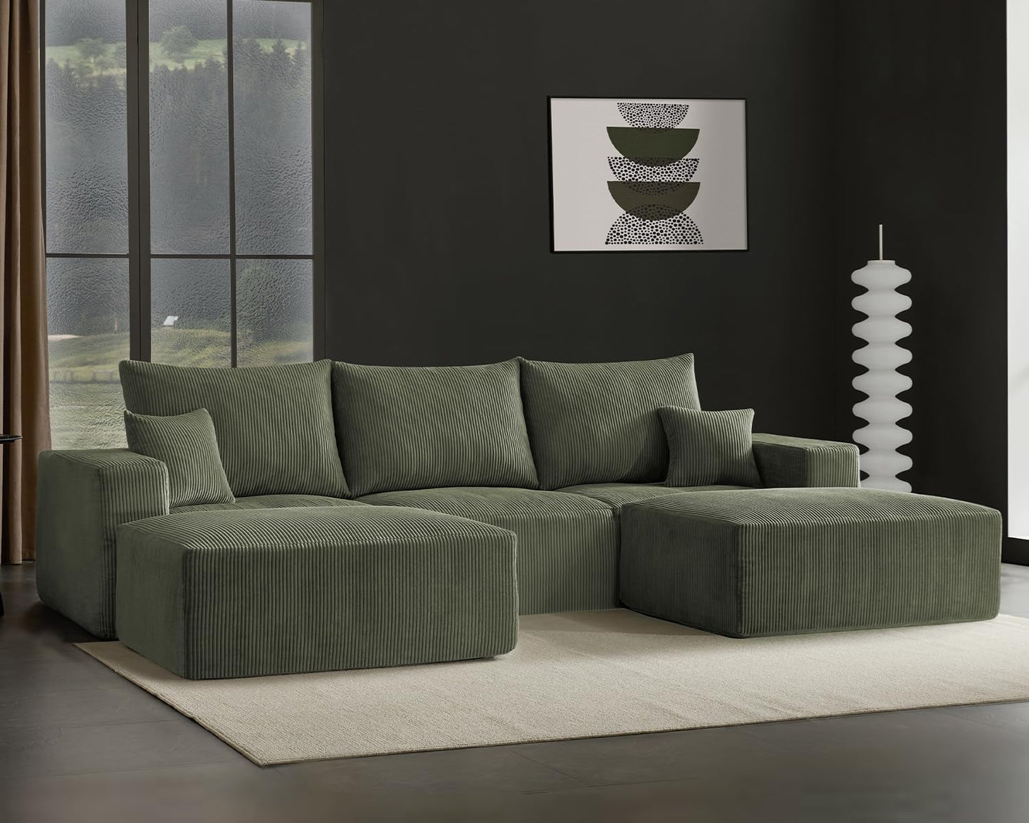 40" Square Stuffed Ottoman Pouf for Sofa Couch, Corduroy Poufs with Foam Chunk Filling, Furry & Fluffy Foot Stool Movable Ottoman. 40 * 31 Floor Poufs Foot Rest for Living Room, Green