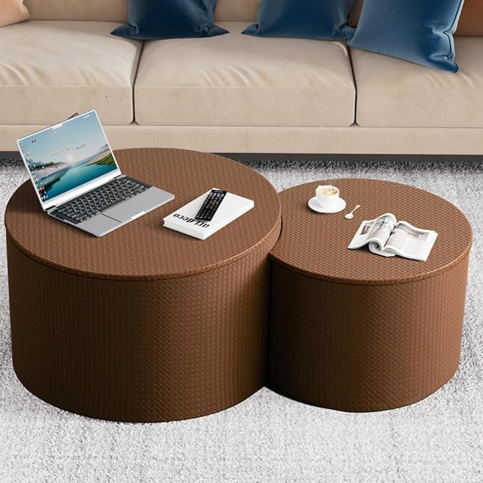 Nesting Coffee Table Set of 2 Modern Round Coffee Table with Hidden Storage Round Side Table Drum Accent End Tables for Living Room, Bedroom (Brown)