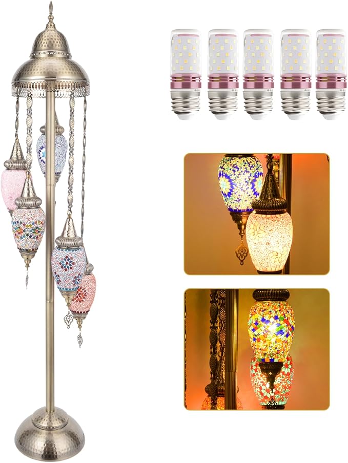 Turkish Floor Lamp, 154CM Moroccan Bohemian Style Living Room Decor, Handcrafted Mosaic Metal Base, Includes 5 Olive Shape Lampshades (XGL Floor-01)