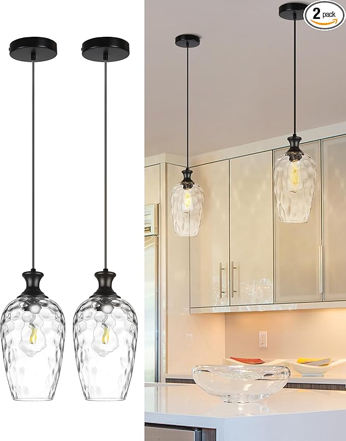 2-Pack Black Pendant Lights Kitchen Island, Modern Farmhouse Hanging Ceiling Lights with Hammered Glass for Dining Room Kitchen Sink