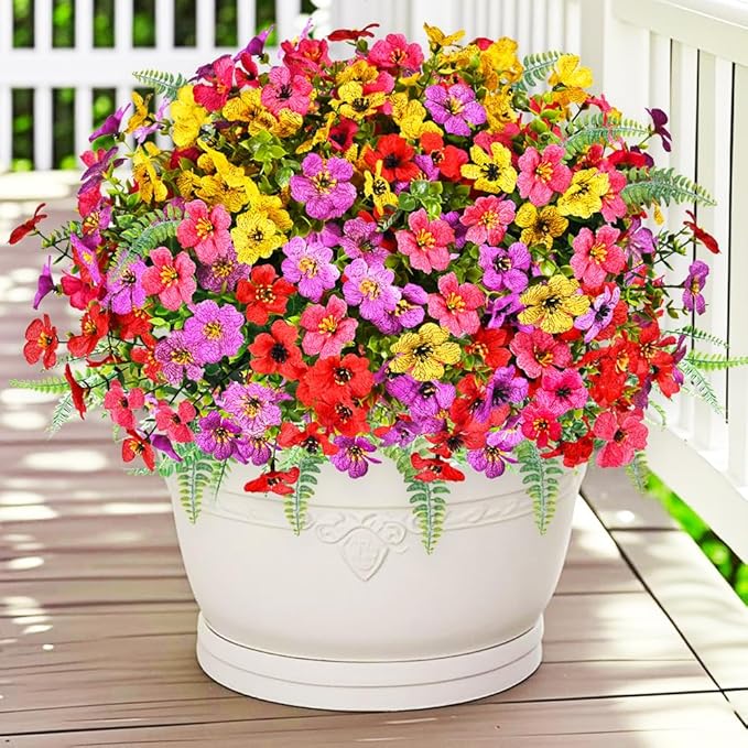 Artificial Faux Plants Flowers Outdoor Decoration,16 Bundles Fake Silk Colorful Daisy Eucalyptus Realistic UV Resistant for Outside Home Planter Porch Patio Yard Decor (Mix Purple Pink Yellow Red)