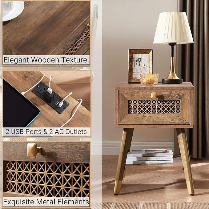 Mid Century Modern End Table, Rustic Oak Small Side Tables with Charging Station & Outlets and USB Ports, Wood Nightstand with Storage Drawer and Open Shelf for Living Room,Set of 2