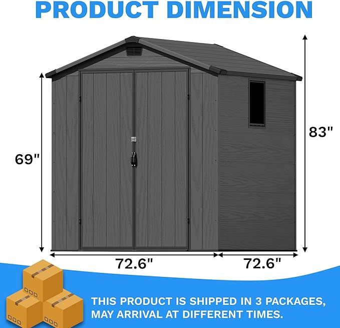 Greesum 6x6FT Plastic Storage Shed with Floor, Resin Outdoor Storaged Sheds with Lockable Double Door, Window and Vents, All-Weather Tool Sheds for Garden, Backyard, Patio, Dark Gray