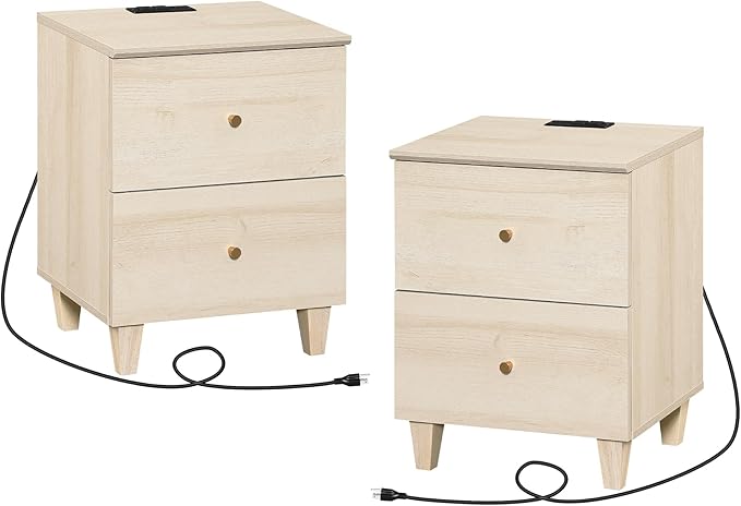 WAMPAT Nightstands with Charging Station & 2 Drawers, Set of 2 Modern Mid-Century End Tables Wooden Bedside Table for Living Room, Bedroom Storage, Light Oak