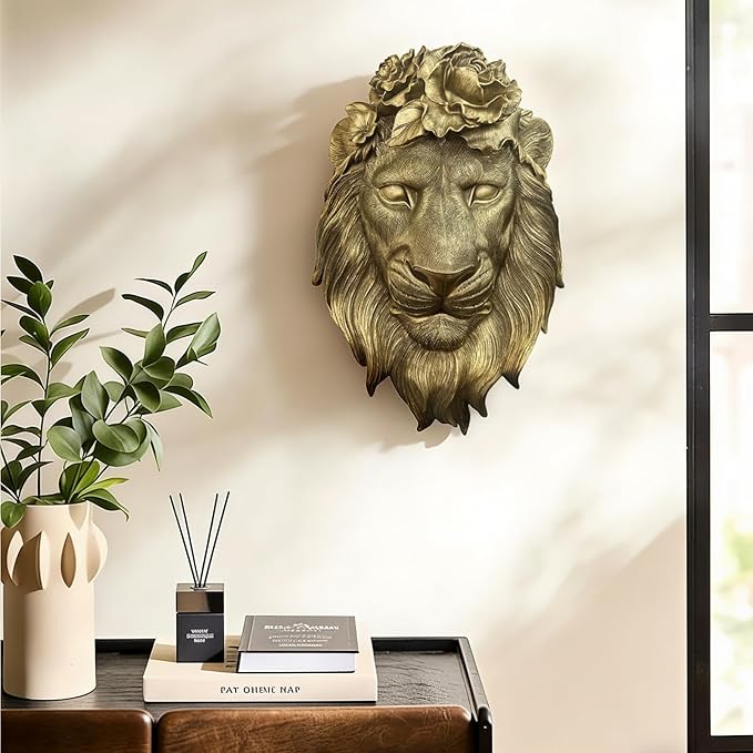 GUSFREUD Gold Lion Animal Head Wall Decor – Resin Lion Wall Sculpture, Vintage Gold Wall Art for Living Room, Bedroom, Office, Maximalist Home Decor