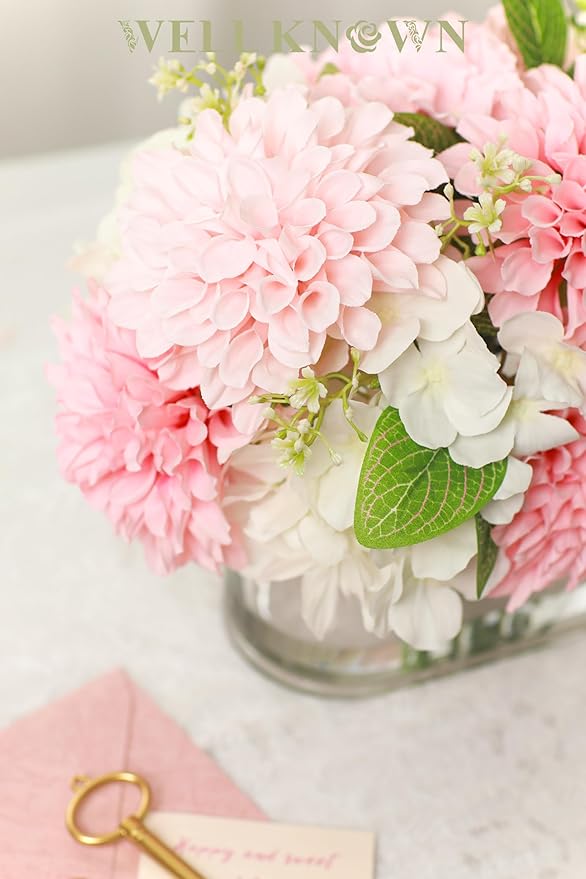 WELL KNOWN Artificial Hydrangea Dahlia Flowers in Vase, Faux Silk Flowers Arrangement with Big Glass Vase for Home Wedding Party Dining Table Centerpiece Home Office Decor & Women Mom's Gift (Pink)