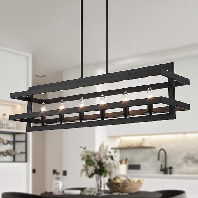 Black Chandeliers Rectangle Pendant Lights Kitchen Island Farmhouse Dining Room Light Fixtures 6-Lights Modern Chandelier for Living Room Kitchen
