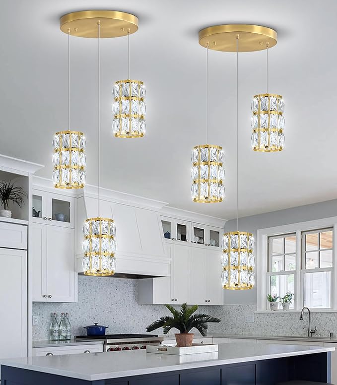 3-Lights Modern Crystal Pendant Lights for Kitchen Island LED Dimmable Glam Pendant Lighting Chandelier for Dining Room Hallway Corner Lamp Gold