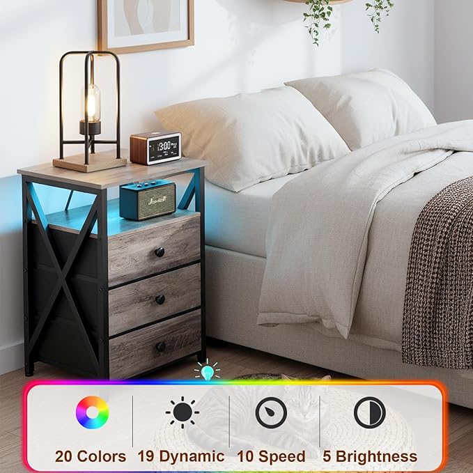 AMHANCIBLE Night Stand Set 2, LED Nightstand with Charging Station, End Side Tables with USB Port & Outlet, Bedside Table with 3 Fabric Drawers for Bedroom Living Room, Greige, HET053LGY