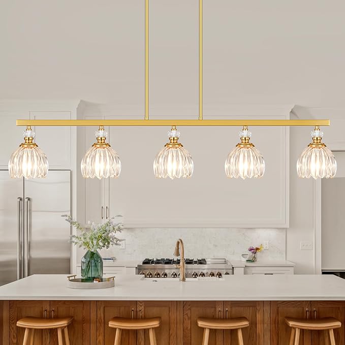 Gold Island Light for Kitchen, 5-Light Linear Chandelier for Kitchen Island with Tulip Glass Shades, Brushed Gold Finish Hanging Light Pendant Fixture Over Dining Table