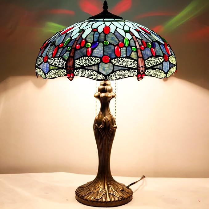 WERFACTORY Tiffany Style Table Lamp Blue Stained Glass Dragonfly Bedside Desk Reading Light Metal Base 16X16X24 Inches Decor Bedroom Living Room Home Office S004 Series