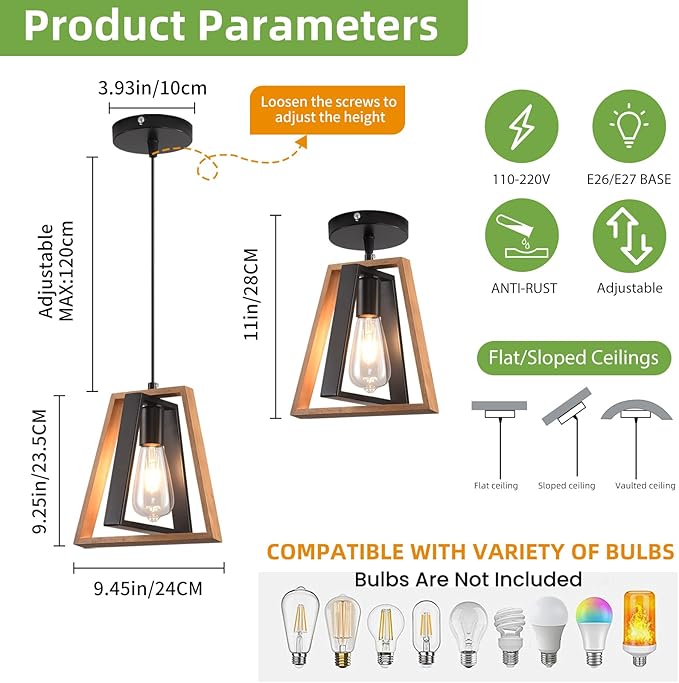 3 Pack Kitchen Island Pendant Lights, Black Industrial Metal and Vintage Wood Hanging Light, Mini Farmhouse Chandelier, Adjustable Height Rustic Ceiling Lamp for Entryway, Dining Room, Foyer