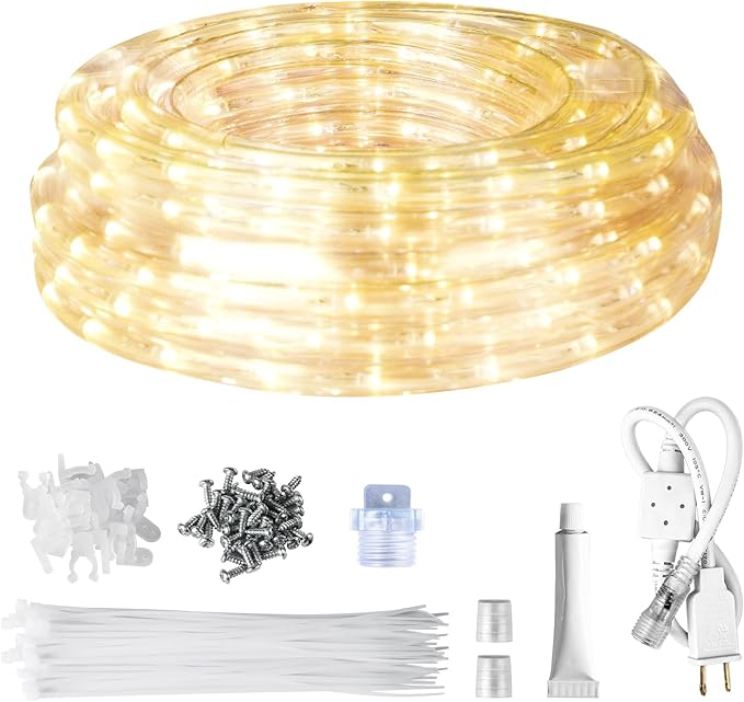 SURNIE LED Rope Lights Outdoor Warm White, Waterproof 33FT Cuttable 3000K Soft Lighting Indoor 110V Flexible Clear Tube for Bedroom Outside Garden Deck Patio Camping Decor, Not Flat Strip
