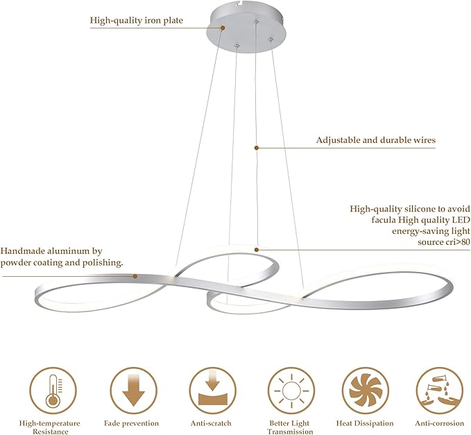 Modern LED Chandelier Dining Room Pendant Light Dimmable Creative Chandelier Remote Control Color/Brightness 3000-6000K Adjustable Hanging Lamp for Bedroom Living Room Kitchen 60W (Silver)