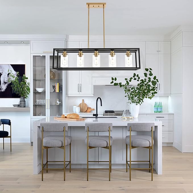 MELUCEE Black Chandeliers Rectangle 5 Lights Dining Room Lighting Fixtures Hanging Over Table, Kitchen Island Lighting Linear Pendant Light Ceiling with Clear Glass Shade and Brushed Brass Socket