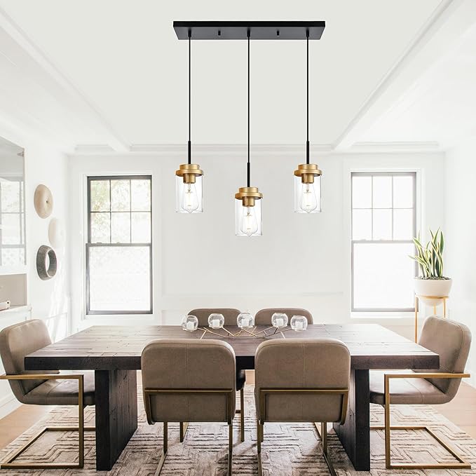 MELUCEE 23.6 Inches Dining Room Light Fixture Hanging 3-Lights Kitchen Pendant Light Fixture Over Island Black Ceiling Hanging Lamp with Clear Glass Shade, Gold Socket