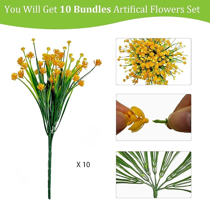 10 Bundles Faux Plastic Flowers No Fade Artificial Flowers Home Decoration Plastic Shrubs Plants Garden Porch Window Box Yellow Flowers Artificial for Decoration