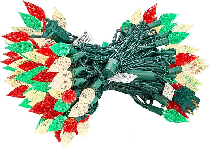 BOHON Red White and Green Christmas Lights Outdoor, Faceted C6 50ft 100 LED String Lights Plug in, Extendable Green Wire Christmas String Lights for Indoor Patio Xmas Tree Decoration