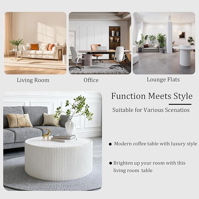 29.52" White Round Coffee Table, Drum Coffee Table with Sintered Stone Tabletop and Fluted PU Leather Covered and Stable Base, Circle Cocktail Tea Table for Living Room