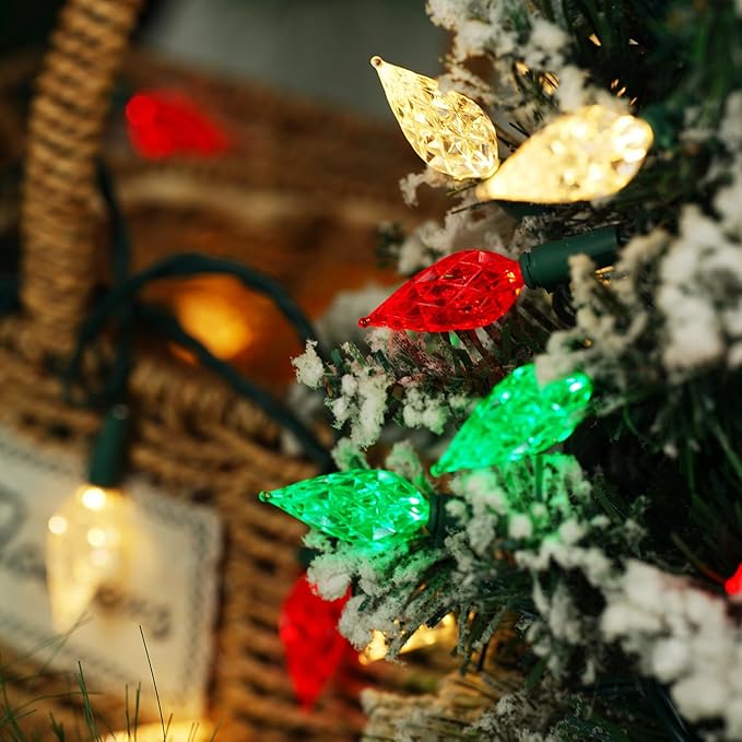 BOHON Red White and Green Christmas Lights Outdoor Faceted C6 50 LED 25ft Plug in Fairy Twinkle Warm String Lights Waterproof Extendable Green Wire for Indoor Patio Xmas Thanksgiving Tree Decoration