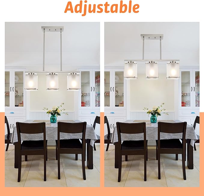 Kitchen Island Lighting, 3-Light Dining Room Light Fixture with Frosted Glass Shade Linear Chandelier Pendant Lighting Over Table for Dining Table Kitchen Island, Adjustable Height