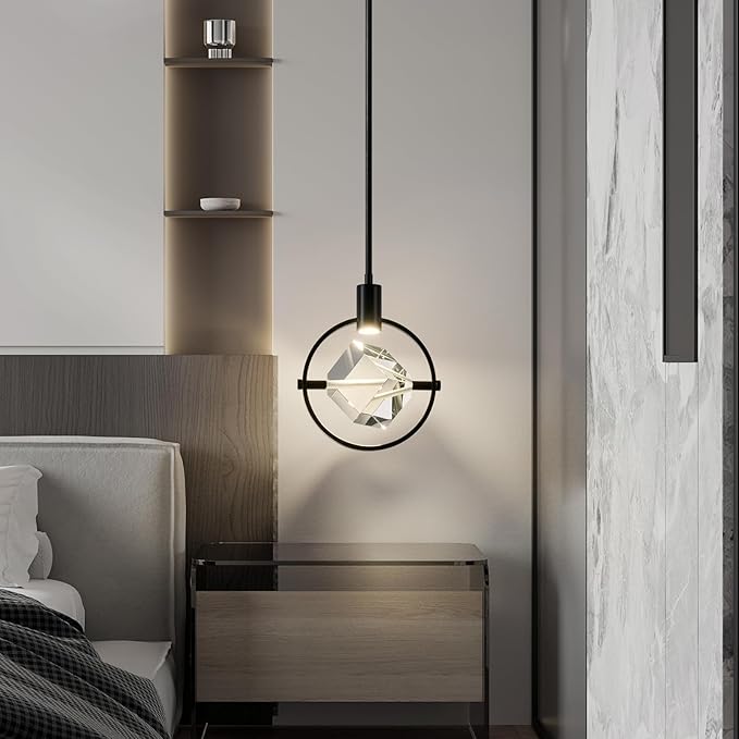 Modern Crystal Pendant Light in Black Mini Dimmable Integrated LED Light Fixtures Metal Rod Ceiling Black Chandelier for Kitchen Island Bedroom Dining Room Bar(1-Lights)