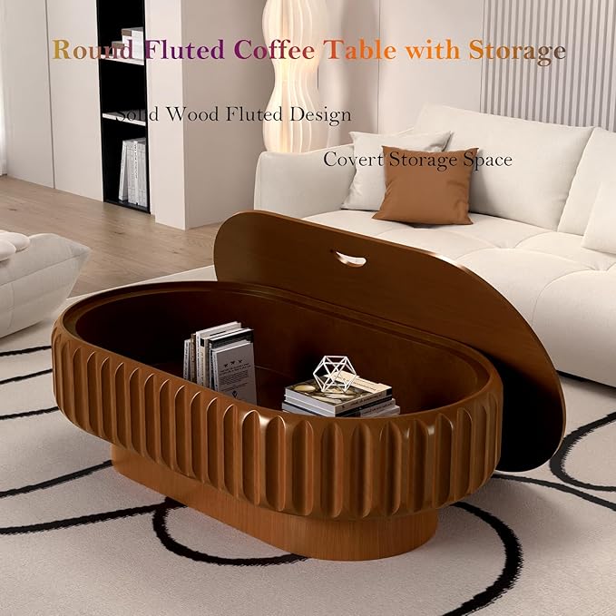 43.3" Oval Drum Coffee Table with Storage Retro Rustic Center Table - Solid Wood Handcrafted Relief Veneer for Farmhouse Apartment (D Oval 43.3in)