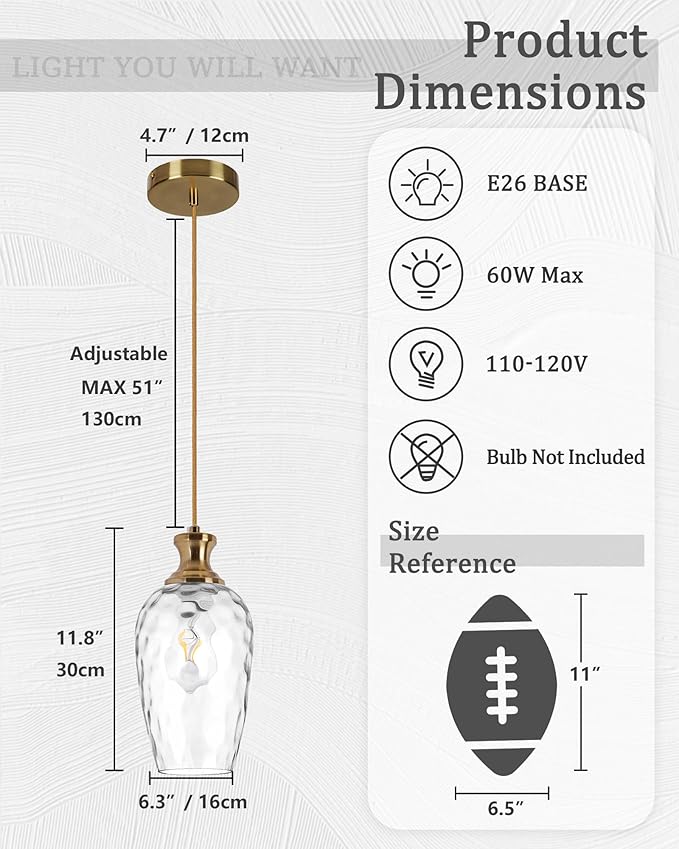 2 Pack Farmhouse Pendant Lights, Modern Hanging Ceiling Lights with Hammered Glass in Brushed Brass Gold for Dining Room Kitchen Island Over Table