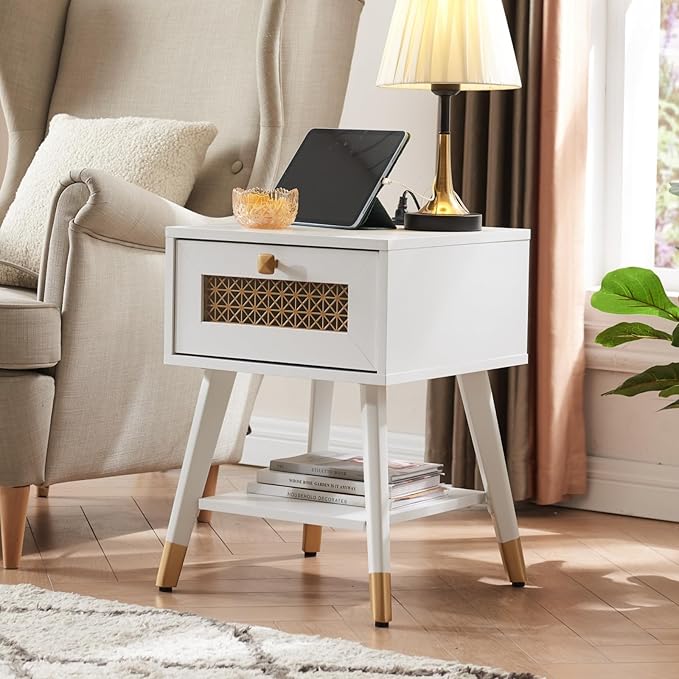 Small White Side Table for Living Room & Bedroom, Boho Nightstand with USB Ports & Outlets, Storage Drawer & Open Shelf, Mid Centry Style Furniture for Home Decor