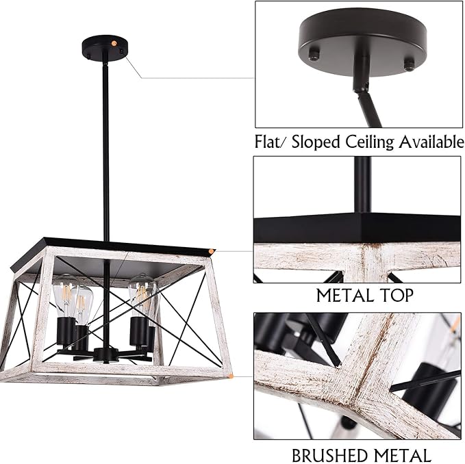 Luupyia Farmhouse Pendant Light Fixture, 4-Lights, Adjustable, Rectangular Rustic Chandeliers Farmhouse Light Fixture Vintage Island Lighting for Dining Room, Entryway and Living Room Beige