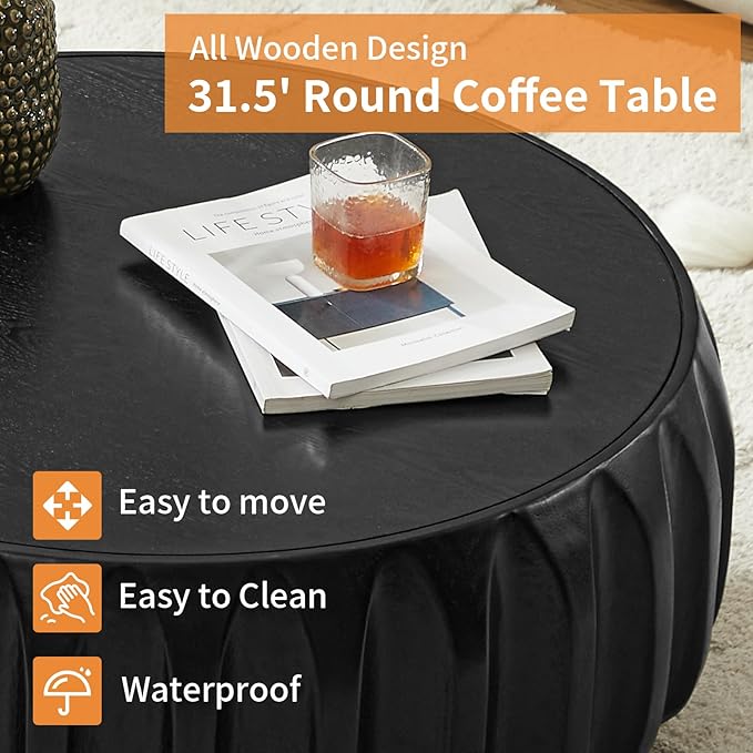 LKTART 31.5" Drum Coffee Table Modern Round Coffee Table Wood Fluted Centry Table with Solid Wood Veneer for Living Room, Easy Assemble, Black